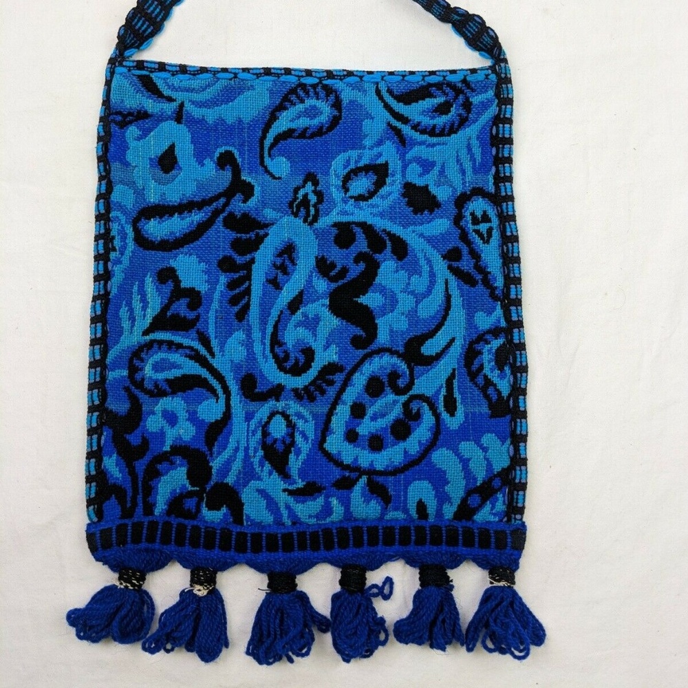 Vintage 1970s BOHO Blue Paisley Woven Shoulder Bag